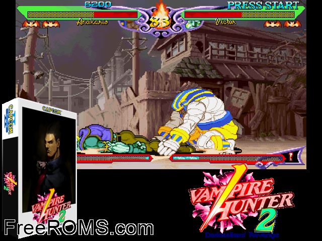 Vampire Hunter 2: Darkstalkers Revenge CPS2 game showing 3D box cover and gameplay screenshot