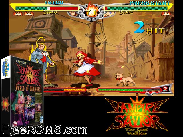 Vampire Savior: The Lord of Vampire CPS2 game showing 3D box cover and gameplay screenshot