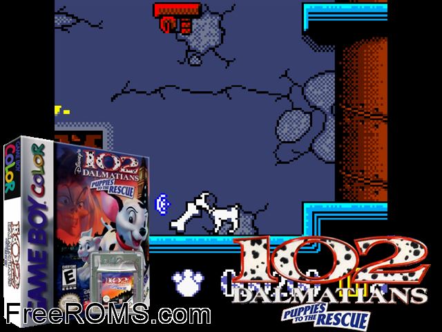 102 Dalmatians - Puppies To The Rescue Gameboy Color game showing 3D box cover and gameplay screenshot