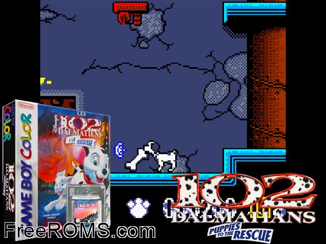 102 Dalmatiens A La Rescousse (France) Gameboy Color game showing 3D box cover and gameplay screenshot