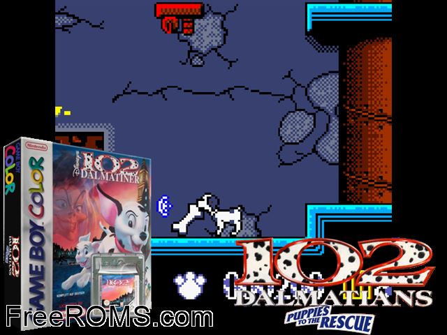 102 Dalmatiner (Germany) Gameboy Color game showing 3D box cover and gameplay screenshot