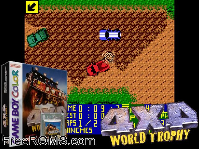 4x4 World Trophy Gameboy Color game showing 3D box cover and gameplay screenshot