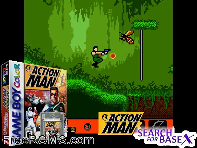 Action Man - Search For Base X Gameboy Color game showing 3D box cover and gameplay screenshot
