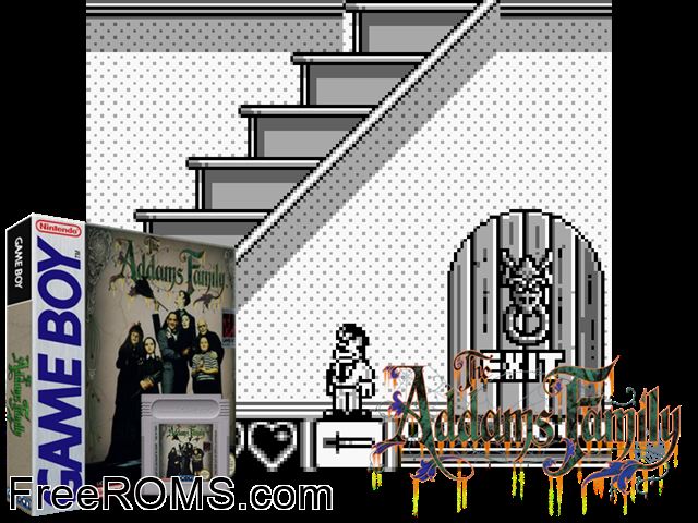 Addams Family, The Gameboy Color game showing 3D box cover and gameplay screenshot