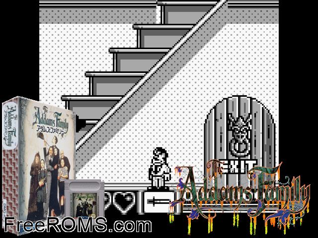 Addams Family, The (Japan) Gameboy Color game showing 3D box cover and gameplay screenshot