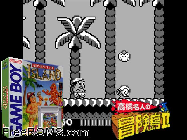 Adventure Island Gameboy Color game showing 3D box cover and gameplay screenshot