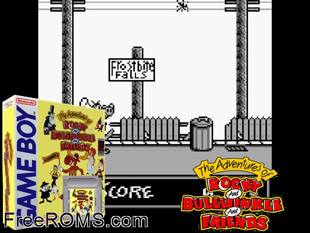 Adventures Of Rocky And Bullwinkle, The Gameboy Color game showing 3D box cover and gameplay screenshot