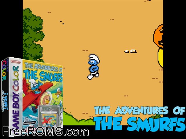 Adventures Of The Smurfs, The Gameboy Color game showing 3D box cover and gameplay screenshot