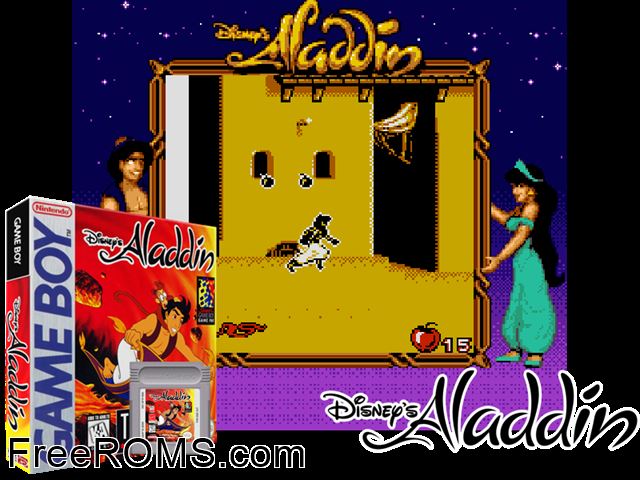 Aladdin Gameboy Color game showing 3D box cover and gameplay screenshot