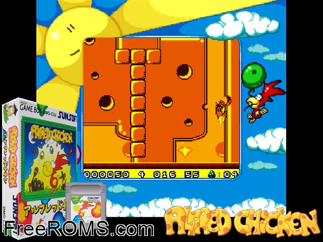 Alfred Chicken (Japan) Gameboy Color game showing 3D box cover and gameplay screenshot