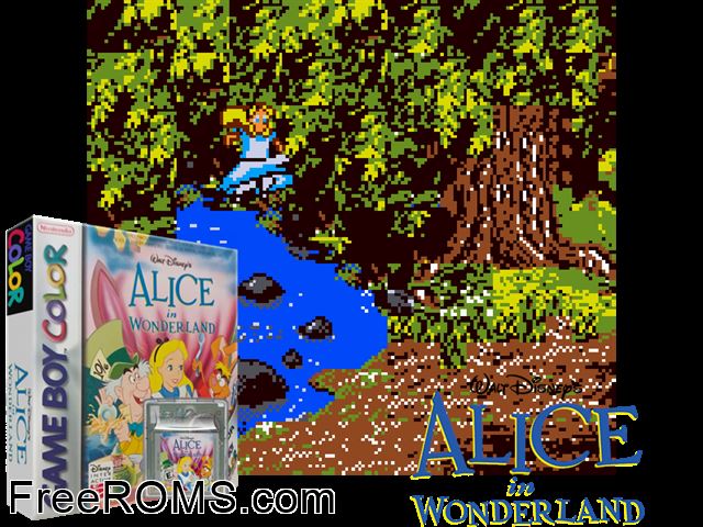 Alice In Wonderland Gameboy Color game showing 3D box cover and gameplay screenshot