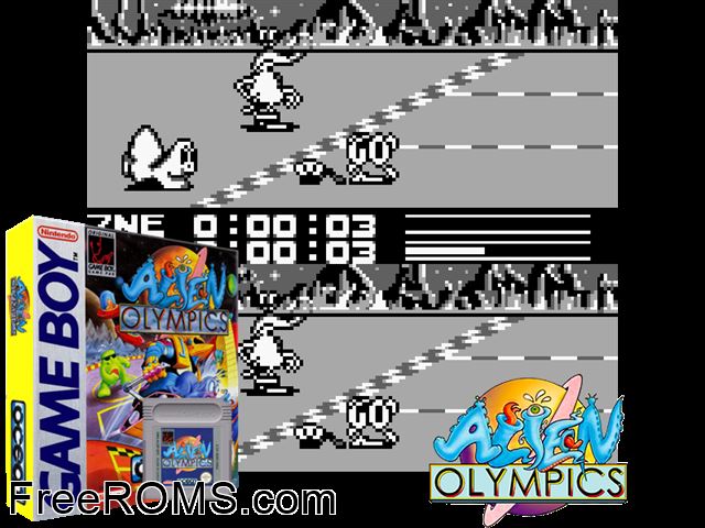 Alien Olympics 2044 Ad Gameboy Color game showing 3D box cover and gameplay screenshot