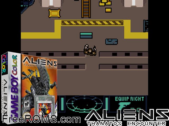 Aliens - Thanatos Encounter Gameboy Color game showing 3D box cover and gameplay screenshot