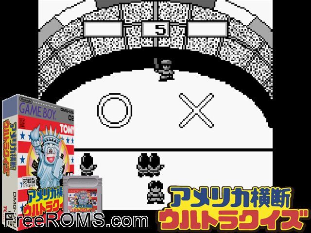 America Oudan Ultra Quiz (Japan) Gameboy Color game showing 3D box cover and gameplay screenshot
