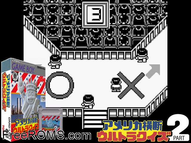 America Oudan Ultra Quiz Part 2 (Japan) Gameboy Color game showing 3D box cover and gameplay screenshot