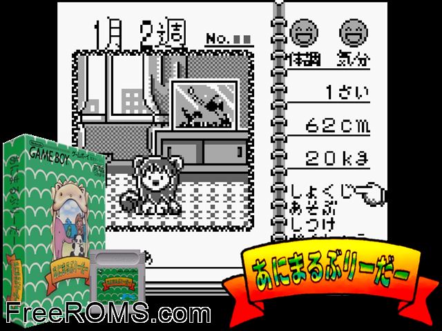 Animal Breeder (Japan) Gameboy Color game showing 3D box cover and gameplay screenshot