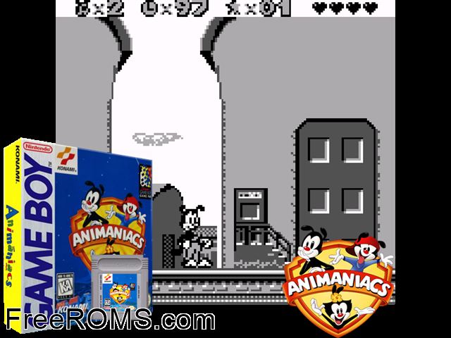 Animaniacs Gameboy Color game showing 3D box cover and gameplay screenshot