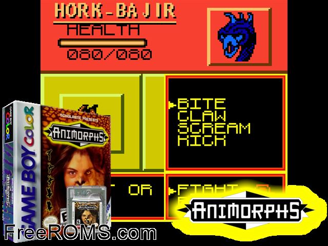 Animorphs Gameboy Color game showing 3D box cover and gameplay screenshot