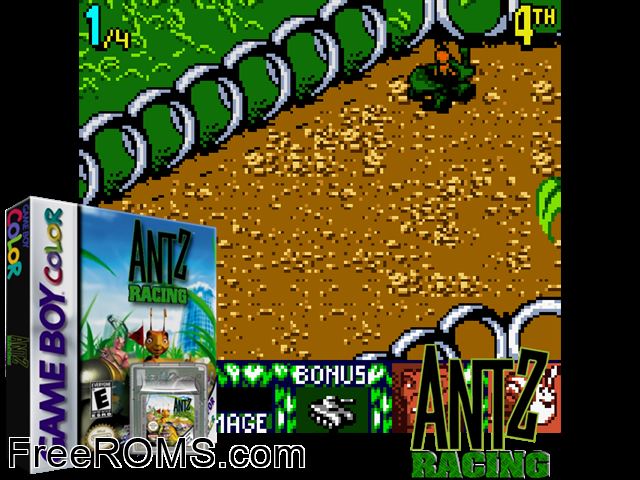 Antz Racing Gameboy Color game showing 3D box cover and gameplay screenshot