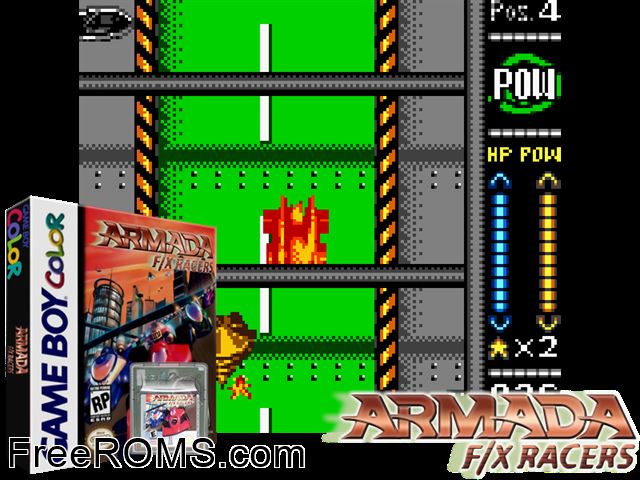 Armada - Fx Racers Gameboy Color game showing 3D box cover and gameplay screenshot