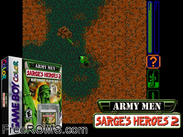 Army Men - Sarges Heroes 2 Gameboy Color game showing 3D box cover and gameplay screenshot