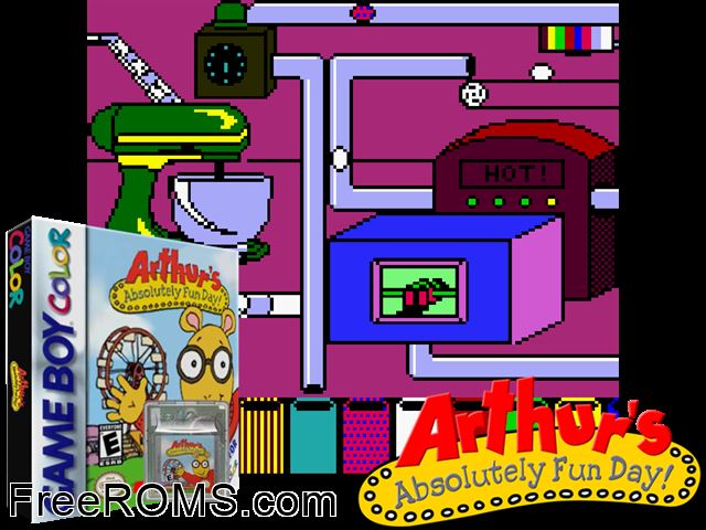 Arthurs Absolutely Fun Day! Gameboy Color game showing 3D box cover and gameplay screenshot