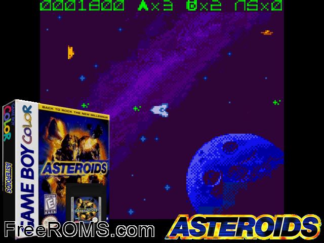 Asteroids Gameboy Color game showing 3D box cover and gameplay screenshot