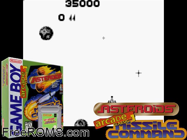 Asteroids And Missile Command Gameboy Color game showing 3D box cover and gameplay screenshot
