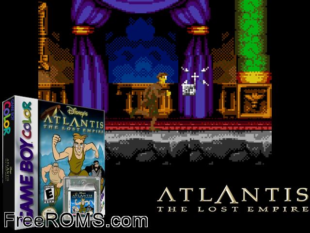 Atlantis - The Lost Empire Gameboy Color game showing 3D box cover and gameplay screenshot