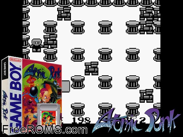 Atomic Punk Gameboy Color game showing 3D box cover and gameplay screenshot