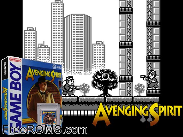 Avenging Spirit Gameboy Color game showing 3D box cover and gameplay screenshot