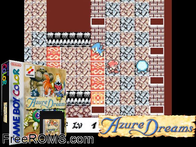 Azure Dreams Gameboy Color game showing 3D box cover and gameplay screenshot