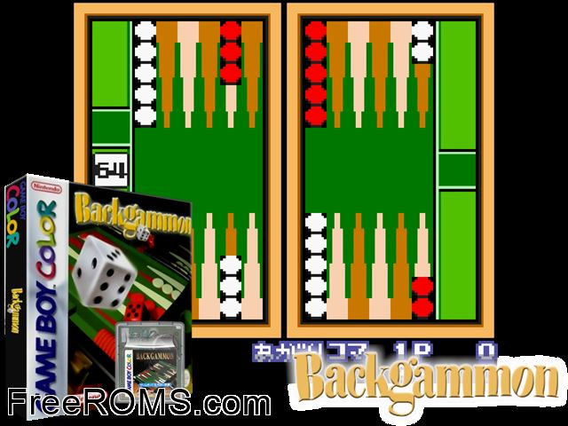 Backgammon Gameboy Color game showing 3D box cover and gameplay screenshot