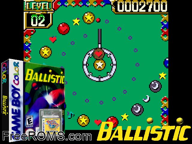 Ballistic Gameboy Color game showing 3D box cover and gameplay screenshot