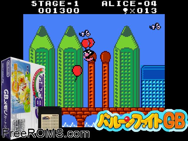 Balloon Fight Gb (Japan) Gameboy Color game showing 3D box cover and gameplay screenshot