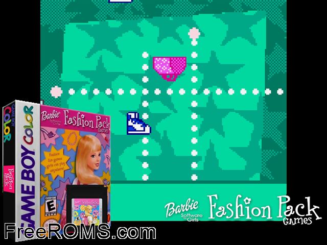 Barbie - Fashion Pack Games Gameboy Color game showing 3D box cover and gameplay screenshot