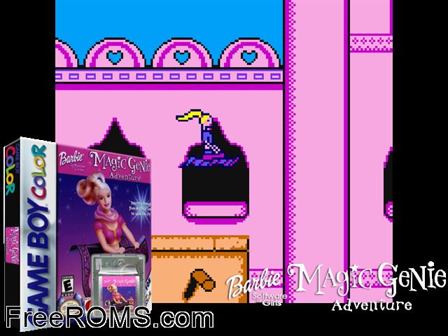 Barbie - Magic Genie Adventure Gameboy Color game showing 3D box cover and gameplay screenshot