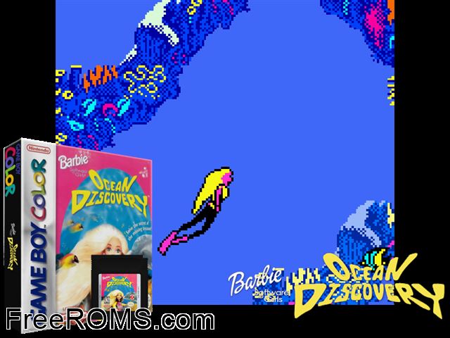 Barbie - Ocean Discovery Gameboy Color game showing 3D box cover and gameplay screenshot
