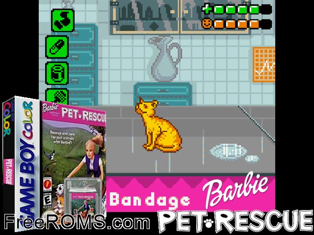 Barbie - Pet Rescue Gameboy Color game showing 3D box cover and gameplay screenshot