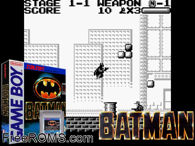 Batman (Usajapan) Gameboy Color game showing 3D box cover and gameplay screenshot