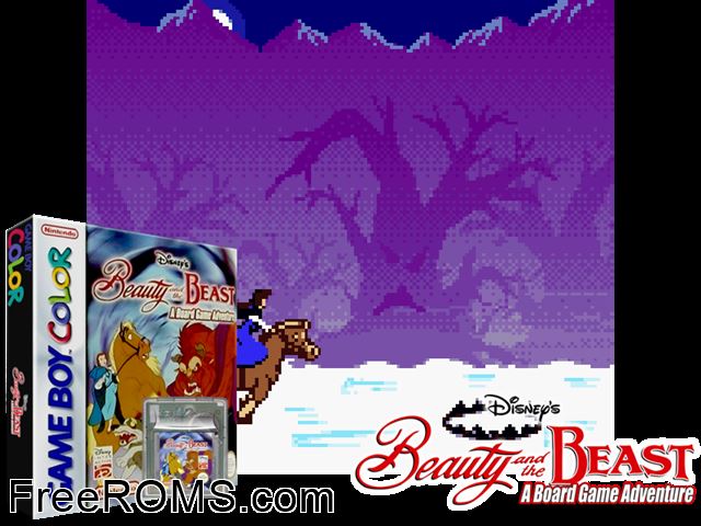 Beauty And The Beast - A Board Game Adventure Gameboy Color game showing 3D box cover and gameplay screenshot
