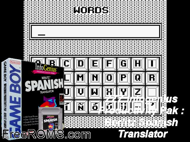 Berlitz Spanish Language Translator Gameboy Color game showing 3D box cover and gameplay screenshot