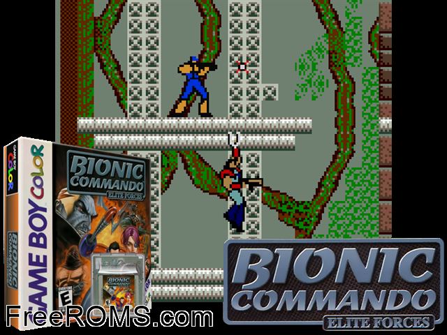 Bionic Commando Elite Forces Gameboy Color game showing 3D box cover and gameplay screenshot