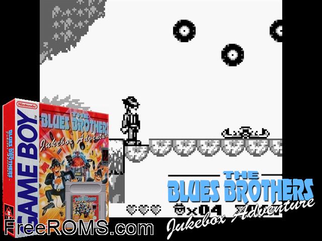 Blues Brothers, The - Jukebox Adventure Gameboy Color game showing 3D box cover and gameplay screenshot