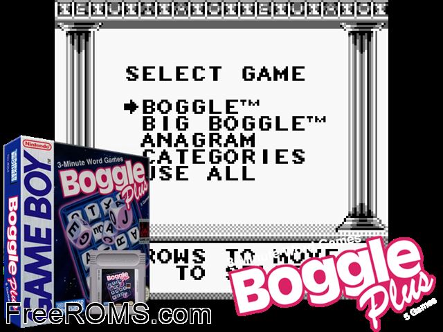 Boggle Plus Gameboy Color game showing 3D box cover and gameplay screenshot