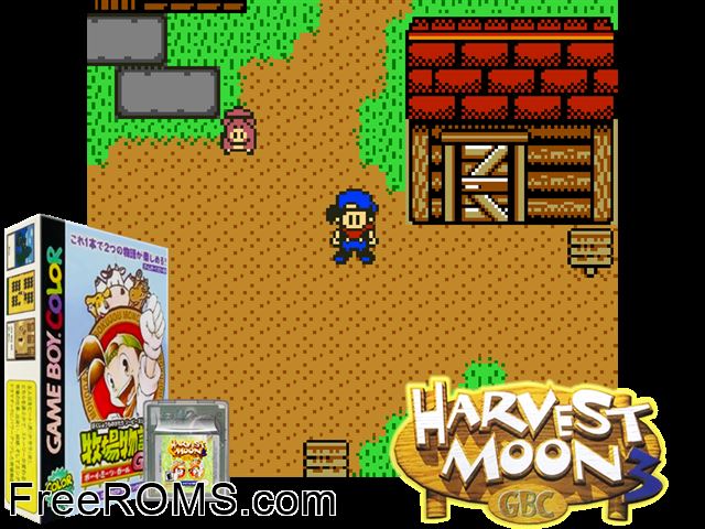 Bokujou Monogatari Gb3 - Boy Meets Girl (Japan) Gameboy Color game showing 3D box cover and gameplay screenshot