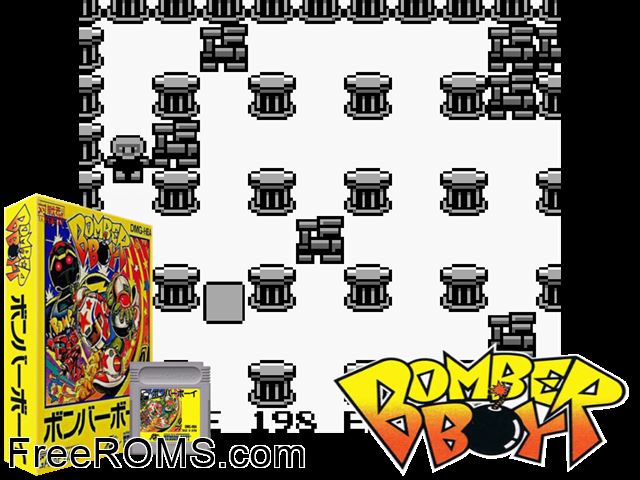 Bomber Boy (Japan) Gameboy Color game showing 3D box cover and gameplay screenshot