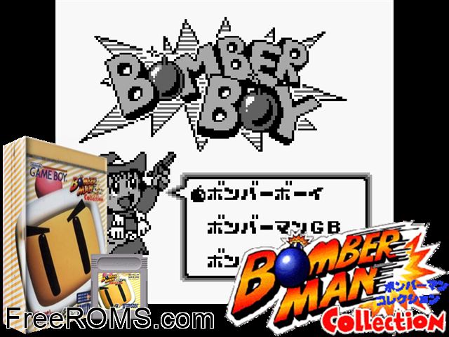 Bomberman Collection (Japan) Gameboy Color game showing 3D box cover and gameplay screenshot