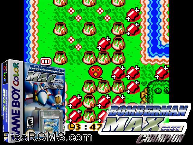 Bomberman Max - Blue Champion Gameboy Color game showing 3D box cover and gameplay screenshot