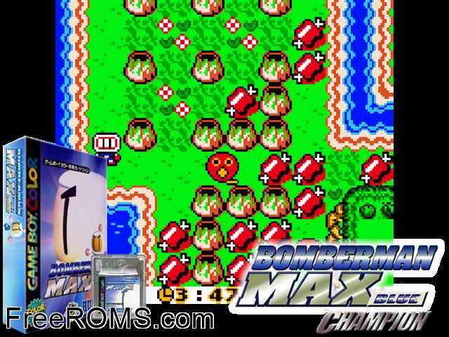 Bomberman Max - Hikari No Yuusha (Japan) Gameboy Color game showing 3D box cover and gameplay screenshot